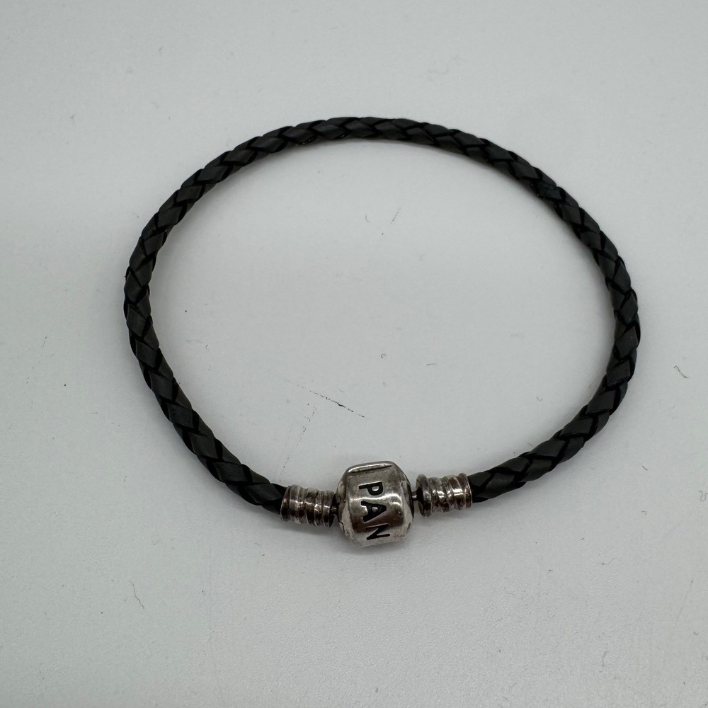 Pandora Black Braided Leather Bracelet 925 Sterling Silver Barrel Clasp 8 Inch